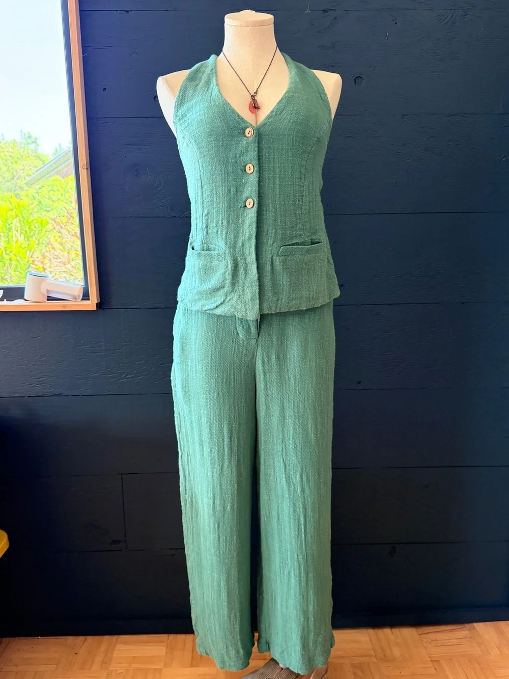 Free People Take Me To Paris, Sage Green Linen-Halter, Wide Leg Pants Set Size S